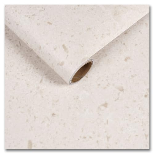 CRE8TIVE Papier Peint Terrazzo Blanc Jaune Brillant Papier Adhesif pour Meuble Cuisine Autocollant 30 x 200cm Vinyle Adhesif Marbre Beige Impermeable Rouleau Adhesif pour Meuble Armoire Comptoir