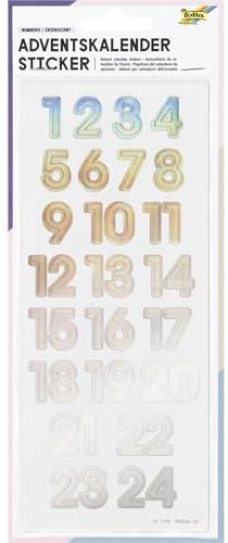 folia 15498 - Adventskalender Sticker NUMBERS IRIDESCENT, 24 Stück in irisierend-schillernd, Aufkleber in Zahlenform, zum Verzieren und Dekorieren
