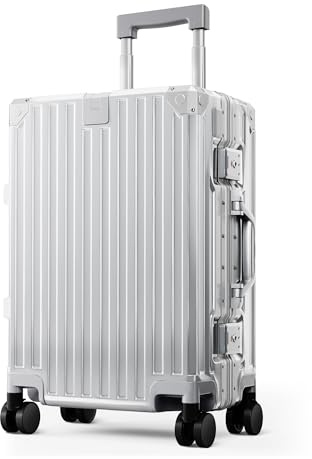 Alpha Camp Handgepäck Koffer TSA Schloss Koffer Mittelgroß Silber 37L | TSA Schloss 37x22x55,5CM Vor Allem Polycarbonat Aluminium Rahmen Reisekoffer Hartschalenkoffer Luggage leicht für Reisen