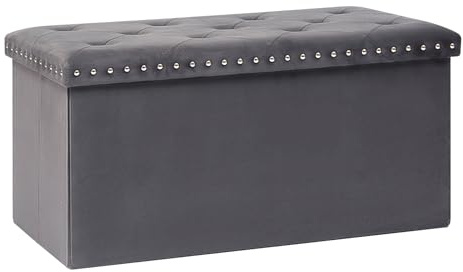Bonlife Faltbare Aufbewahrungsbox Sitzhocker mit Stauraum, Nieten Sitztruhe Sitzwürfel Fußablage, Gepolsterte Sitzfläche,Grau,Samt,76x38x38cm