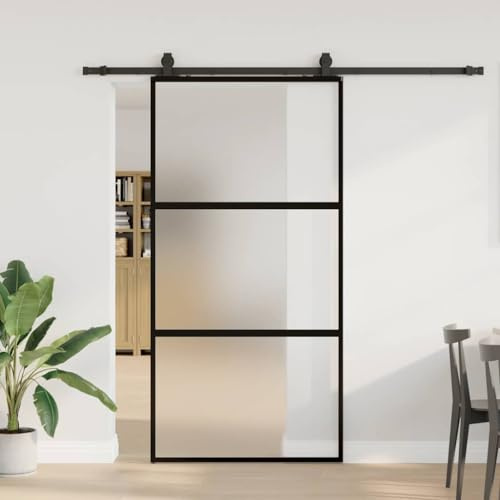 ACAGALA Glasschiebetür Komplettset 102,5x205 cm, Schiebetürsystem Inkl. Schiebetürbeschlag, Zimmertüren Schiebetür aus Hartglas, Gleitschiene 213 cm, Schwarz und Matt