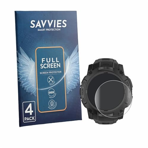 Savvies 4 Stück Full-Screen Schutzfolie für Garmin Instinct 3 Tactical Edition (50 mm) Full-Cover -Folie, 3D Curved, Transparent, Anti-Fingerabdruck