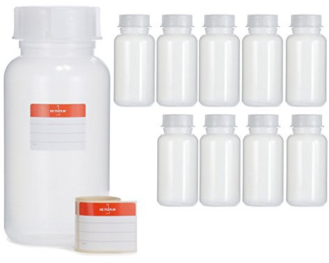 Octopus 10x 1000 ml bouteilles à col large en LDPE avec bouchon à vis, bouteilles vides de 1 litre de produits chimiques, bouteilles de laboratoire avec couvercle comme récipient de stockage