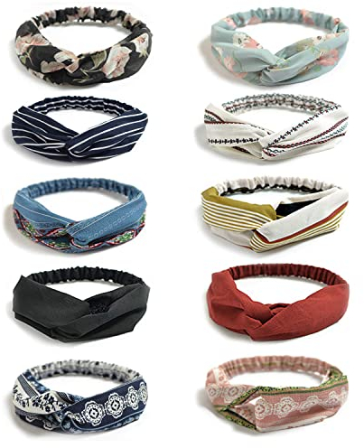 DRESHOW 10 Stück Damen Boho Stirnband Kopfband Haarband Gedruckt Stirnbänder Knoten Verdrehtes Elastische Kopf Wickeln Niedlich Haarschmuck für Mädchen