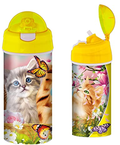 3D LiveLife Gourde - Chatons Amusants de Deluxebase. Gourde plastique Chat Lenticulaire 3D avec Paille. Gourde pour enfants 600 ml avec illustrations originales de l'artiste renommé Michael Searle