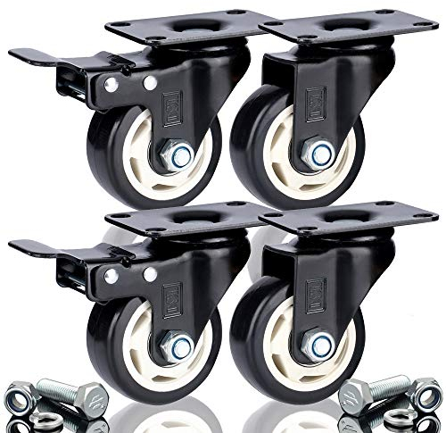 DSL Lenkrollen, 4 Stück, 75 mm, Polyurethan, robust, mit Doppellager, 2 Rollen mit Bremsen, Gummi, 400 kg Traglast, für Rollwagen