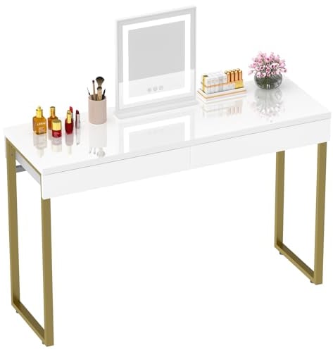 GreenForest Dressing Table with 2 Drawers Glossy White 100 x 40 cm Home Office Computer Desk Makeup Vanity Console Table with Metal Gold Legs for Small Spaces Bedroom Furniture No Mirror,Gold