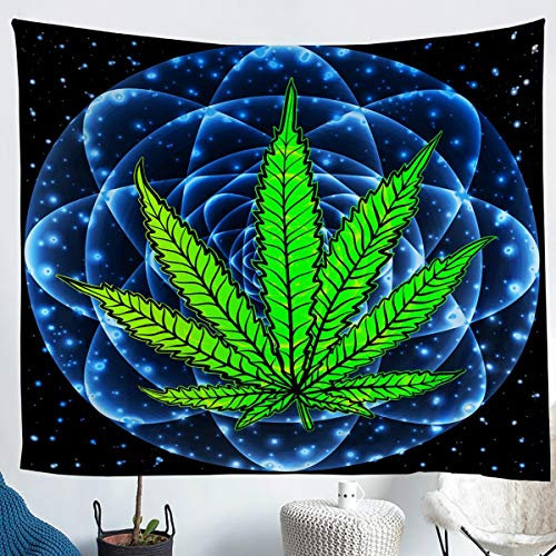 Loussiesd Cannabis Blätter Wandtuch 148x200cm Galaxy Mandala Marihuana Wandteppich für Kinder Jungen Mädchen Universum Galaxis Hanf Tapisserie Marihuana Weed Wandbehang Grün Blau Wandkunst Tapestry