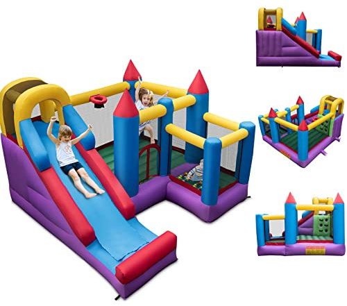 COSTWAY 5 en 1 Château Gonflable avec Toboggan & Mur d'escalade, Aire de Jeux Gonflable avec Maison de Rebond & Piscine à Balles, Charge 180kg pour 4 Enfants de 3-10 Ans