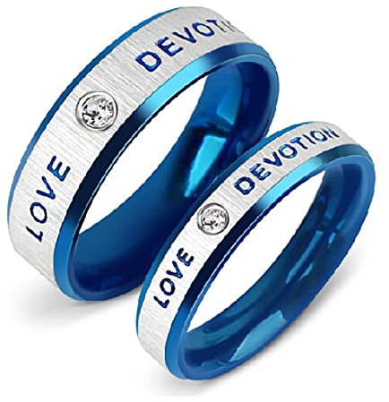Aotiwe Paar Ringe, Schmuck Damen mit Kubisch Zirkonia mit Gravur Love Devotion Edelstahl Silber Blau W 60 &M 57