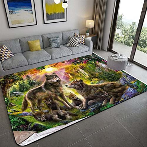 Wolf Druck Großer Teppich für Wohnzimmer Schlafzimmer Moderne Dekoration rutschfeste Flanell Kinderzimmer Spielen Bodenmatte, Wald Schnee Nachthimmel Mond Wölfe Muster (Brun,100x150 cm)