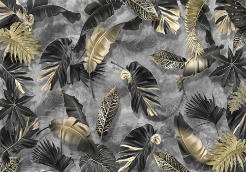 Wesmilewallpaper Papier Peint Panoramique 3D Intissé Tapisserie Fond De Décoration De Feuille De Plante Tropicale Dorée Noire Créative Muraux Tableau Mural Poster 400x280cm