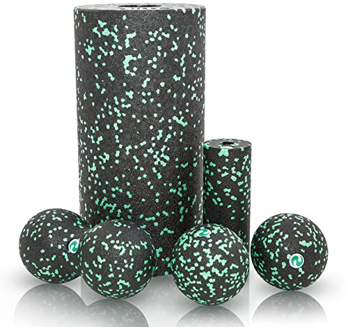 WoNicer Faszienrolle 5-teiliges Yoga-Schaumstoffrollen Set Foam Roller, Massageball & Faszienball,faszienrolle wirbelsäule für effektives Faszientraining von Rücken, Wirbelsäule,Fuß&Pilates. (Green)