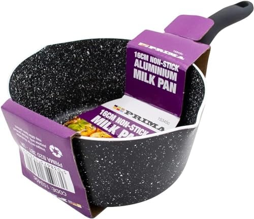 2pc Milkpan & Frypan - Non Stick Aluminium Pancake Coated Milk Fry Pan | for Cooking Kitchen Cook Marble Effect | Pouring Spout, Easy to Clean, Cool Touch Bakelite Handle - Boil Eggs Warming Milk