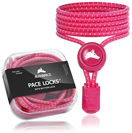 ALPHAPACE Pace Locks mit Button Lock Elastische Schnürsenkel, Schuhbänder ohne Schnüren, Slip-on Schnellverschluss für Sport, Jugend & ältere Menschen, 120 cm, 1-Paar in Hot-Pink mit weissen Streifen