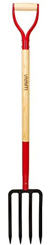 VNIMTI Fourche de jardin, fourche bêche à 4 dents, fourche à compost, fourche à creuser en acier, 114 cm, poignée en Y en acier, poignée en bois