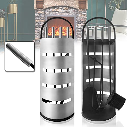 ACXIN Juego de utensilios para chimenea de acero inoxidable, buena resistencia al calor, incluye escoba, alicates, pala de ceniza, atizador, soporte con protección visual de acero inoxidable
