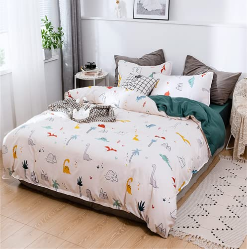 Koudi Dino Bettwäsche 155x220cm 2Teilig Jungen Mädchen Bettwäsche Cartoon Dinosaurier Muster Wendebettwäsche 100% Mikrofaser Kinder Bettbezug mit Kissenbezug 80x80 cm