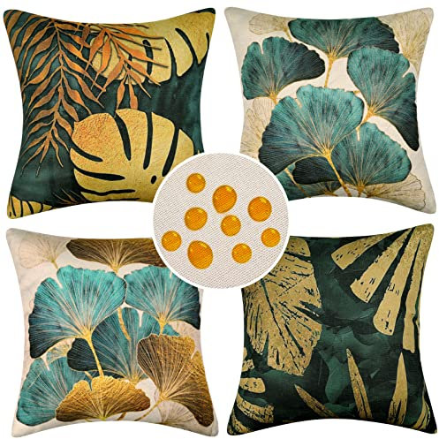 Wasserdichte Kissenbezug 40x40 cm 4er Set Kissenbezüge Gold Sofa Couch Wohnzimmer Dekokissen Kissenhülle Landhausstil Zierkissen Leinen Garten Outdoor Sofakissen Couchkissen Frühling Kissenbezug Grün