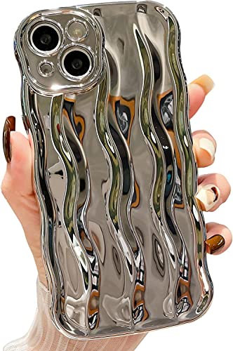 EYZUTAK 3D Water Ripple Pattern Case for iPhone 13 6.1 inch, Solid Color Cute Curly Waves Frame Shape Phone Case Glossy Shockproof Soft TPU Anti-scratch Phone Cover Slim Bumper Case - Silver