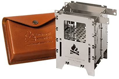 Bushbox LF Titanium Premium Set Réchaud d'extérieur | Hobo | Camping | Bois | Gaz | Spiritus | Pliable | Compact | Avec accessoires | Titane | Grille universelle LF | Sac en cuir |