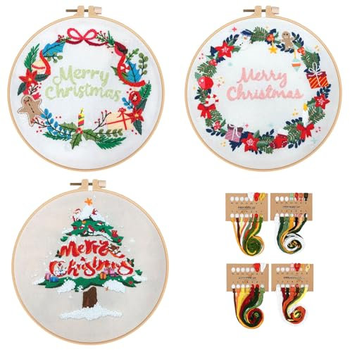 Gukasxi 3 Stück Anfänger Stickerei Set Weihnachten Kranz Stickerei Starter Kit Weihnachtsbaum Gestempeltes Kreuzstich Stickset Weihnachten Sticken Set für Erwachsene Anfänger