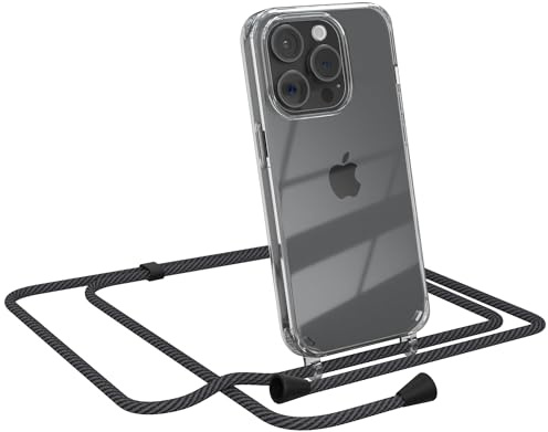 EAZY CASE Handykette kompatibel mit iPhone 15 Pro Handyhülle mit Umhängeband, Handykordel Schutzhülle, Silikonhülle, Hülle Band, Stylische Kette für Smartphones, Schwarz/Anthrazit - Clips Schwarz