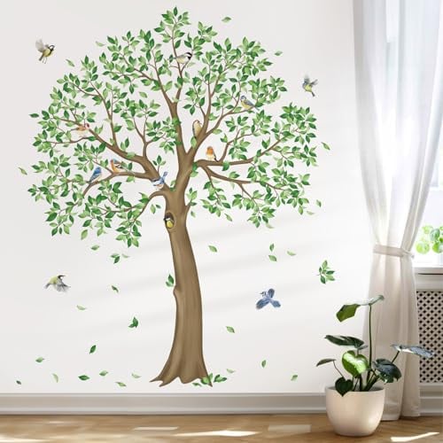 decalmile Adesivi Murali Albero Verde Grande Adesivi da Parete Verdi Foglie Uccelli Fiore Decorazione Murale Soggiorno Camera Bambini Ufficio(H: 59 inches/150 cm)
