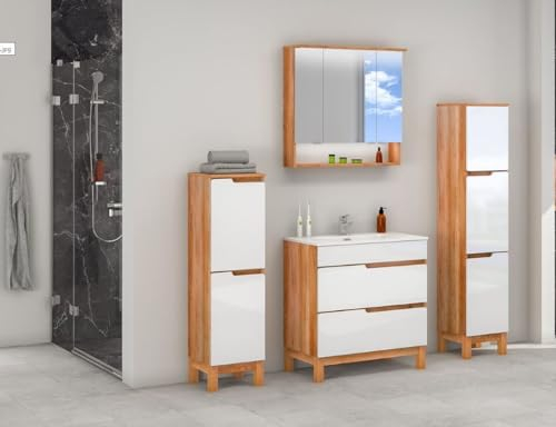 NAKA Badmöbel-Set mit Waschbecken 80 cm Waschtisch Spiegelschrank Waschbeckenunterschrank Unterschrank Hochschrank mit Soft-Close LED für Badezimmer Badezimmermöbel Hochglanz Diana Weiß Eiche