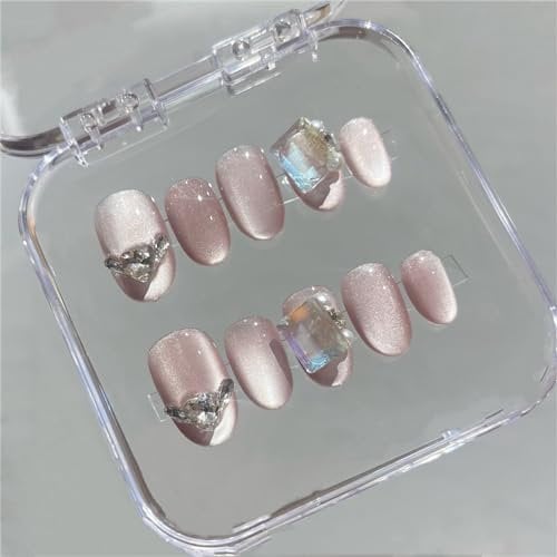 CRAZYNEKOS Oval Short Handmade Nails Shiny Pink Cat's Eye Press on Nails Tips Nail Art Decoration for Women and Girls Manicure 10pcs (L)
