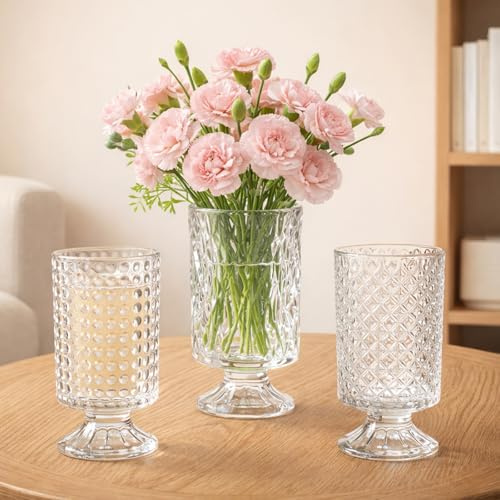WRINGKIT Set of 3 Embossed Glass Vase, 7'' Tall Clear Pedestal Vases | Wide Mouth Flower Vase with Big Base, Vintage Glass Vases for Table Centerpiece, Wedding Home Decor, Cylinder Candle Holder