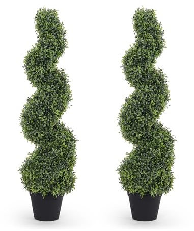 THE BLOOM TIMES Set of 2 Artificial Topiary Trees 3ft 3ft Faux Boxwood Spiral Trees Outdoor Fake Green Plants for All Year Round Garden Porch Indoor Decor