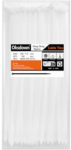 Oksdown 100 Pack White Thick Cable Ties Heavy Duty Large 300mm×7.6mm Strong Clear Nylon Plastic Self Locking 12 inch/30 cm Zip Tie Wraps