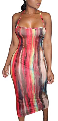 Baseball Trikot Damen Kleid Fashion Womens V-Neck Sexy Sleeveless Gradient Print Strap Summer Long Dress Maxi Kleider (Red, L)