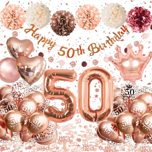 50 Geburtstag Frau, 50 Geburtstagsdeko Frauen Roségold, 50 Geburtstag Deko Luftballons Rose Gold mit Happy Birthday Banner Pompons für Deko 50 Luftballon