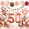 50 Geburtstag Frau, 50 Geburtstagsdeko Frauen Roségold, 50 Geburtstag Deko Luftballons Rose Gold mit Happy Birthday Banner Pompons für Deko 50 Luftballon