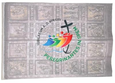 Bandera oficial del Jubileo de los Peregrinos de Esperanza 2025, 70 x 100 cm, impresión de la Puerta Santa de San Pedro, texto en latín