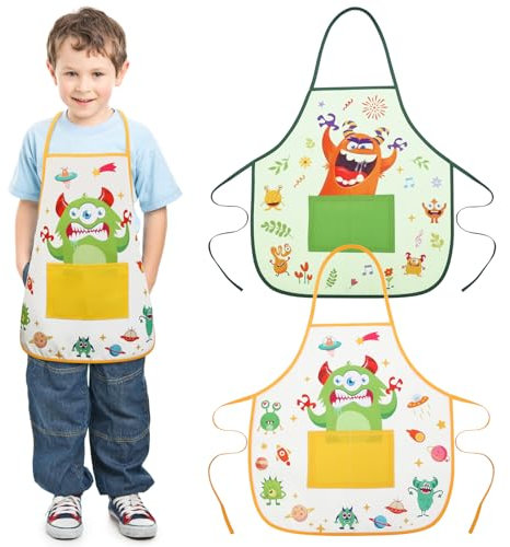 DATIFF 2 Stück Kinderschürze Monster Kochschürze Monsters Jungen Grün Küchenschürze mit 2 Taschen Weihnachten Monster Schürze Kinder 3-10 Jahre Gelb Malschürze Junge für Kochen Backen Malen