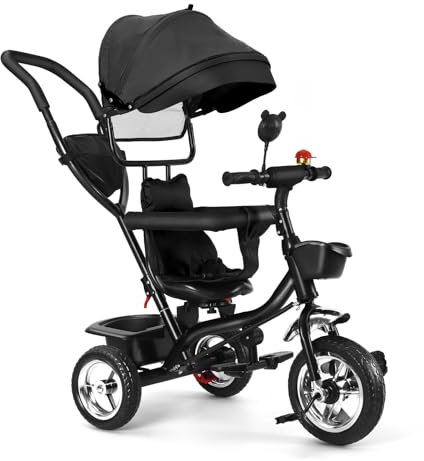 Baby-Dreirad 5-in-1 für Kinder und Babys, Mitwachsendes Kinderwagen mit Verstellbarem Schiebegriff, Abnehmbares Sonnendach, Sicherheitsgurt (Schwarz)