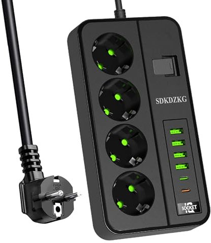 SDKDZKG Regleta Enchufes. Regleta de con Interruptor de Control 4 Tomas AC (13A/3000W), con Puertos de Carga 4 - USB A y 2 - USB C. 3M Adaptador Cable. para Oficia y Viajes en Hogar (Negro)