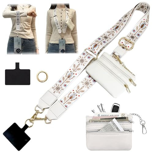 Fofvccv Handykette Universal mit Tasche – Verstellbarer Schulterriemen mit Kartenetui, 2-in-1 Handy Band mit Geldbörse für Tägliche Reisen und Einkaufen Damen Herren Handy Zubehör GS White