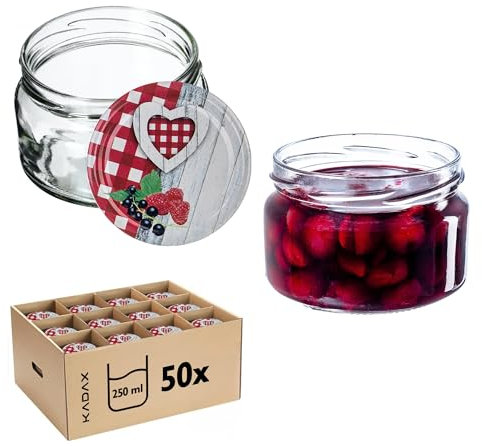 KADAX Lot de 50 petits pots à confiture en verre de 250 ml, avec couvercles, hermétiques, pour miel et épices, cadeau (rustique)