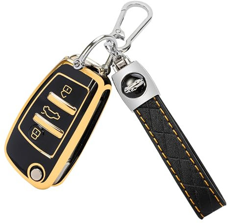 TOMALL für Audi Schlüsselanhänger Abdeckung mit Schlüsselanhänger, 3 Tasten Flip Schlüsselkoffer Soft TPU Schlüsselanhänger Schutz für Audi A1 A3 A4 A6 A8 Quattro Q3 Q7 S3 S6 RS6 R8 TT TTS, Schwarz