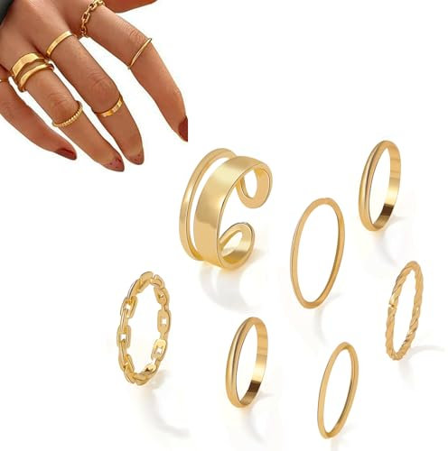 Oykrueats 7 Stück Ringe Goldt für Frauen Mädchen Schlangenkette Stapelring,Modeschmuck Ringe,für Männer und Frauen Geeignet