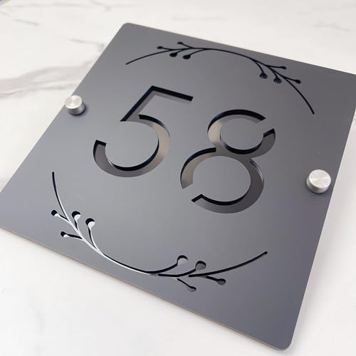 Numéro de maison 3D creux en acrylique avec motif floral ornemental - Plaque d'adresse gravée au laser personnalisée pour mur, finition mate, plaque de numéro de porte flottante (noir noir)