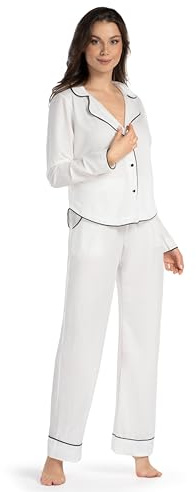 Mademoiselle Sommeil Damen Pyjama aus EcoVero™ – Weiß mit schwarzer Paspel – 2-teilig, Langarm & Hose – Nachhaltig, Hautfreundlich & Elegant