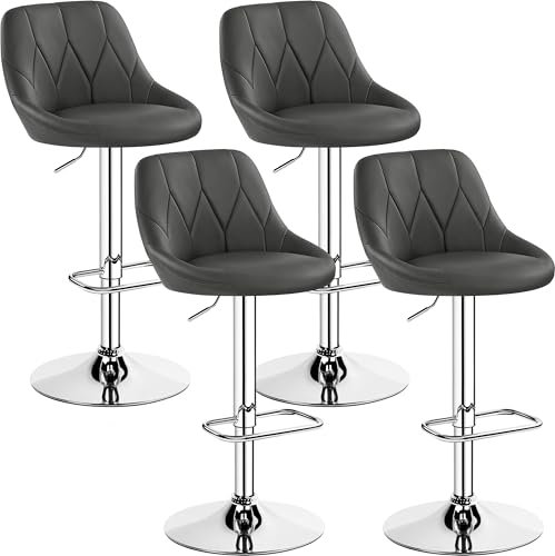 Yaheetech Lot de 4 Tabourets de Bar en Similicuir Hauteur Réglable de 86 cm à 107,5 cm Chaises de Bar Assise Pivotante Repose-Pied Carré Tabourets Hauts Cadre Métallique Galvanisé Gris Foncé