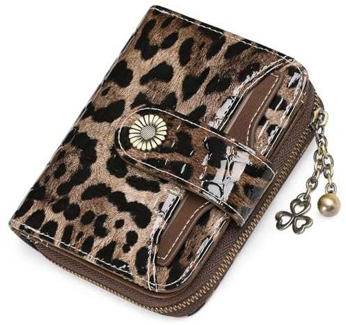 Portefeuille pour femme en cuir véritable imprimé léopard - Protection RFID - Double fermeture éclair - Portefeuille pour téléphone portable - Avec plusieurs emplacements pour cartes de monnaie et