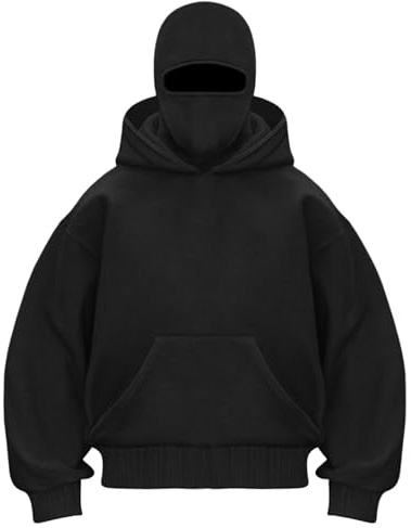 Zhden Balaclava Hoodie Herren Damen Ninja Kapuzenpullover mit Sturmhaube Oversized Mask Jacke mit 1/4 Zip Doppel Kapuze Einfarbig Y2K Hoodie mit Fleece Winddichte Übergangsjacke Motor Fahrrad
