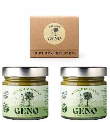 Geno Pistachio Cream Spread 2x250g | Sweet luxurious Greek pistachios | Vegan | Buttery perfection for baking, snacks, breakfasts, and desserts. Luxury Gift Set (Pack of 2)